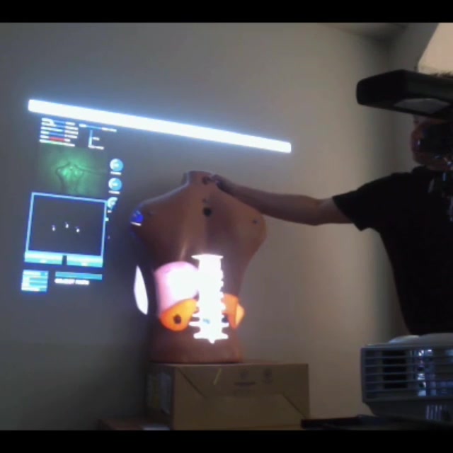 Spine and organs projected onto a mannequin, adjusted by hand during registration