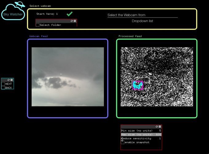 SkyWatcher: raw webcam feed beside a processed motion-difference feed with a bounding box around a detected moving object